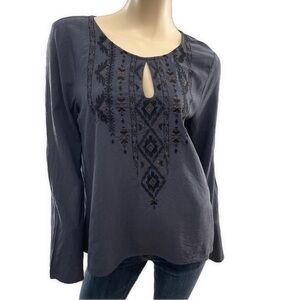 Miss Me- Dark Indigo Embroidered Bell Sleeve Blouse- L